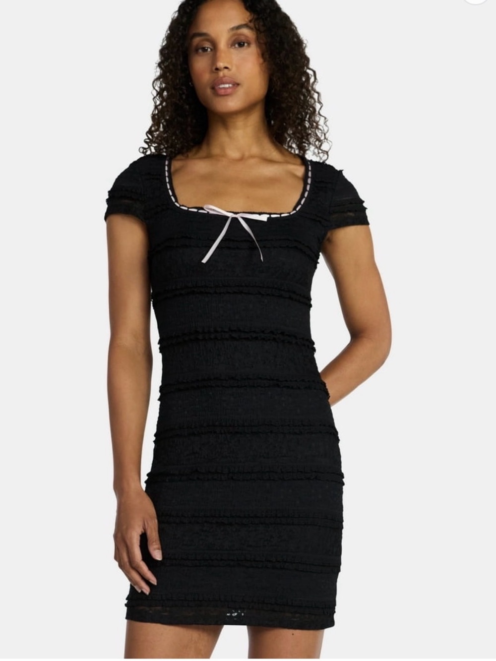 Madden NYC Black Textured Square Neck Mini Dress Bow Detail NWT Medium